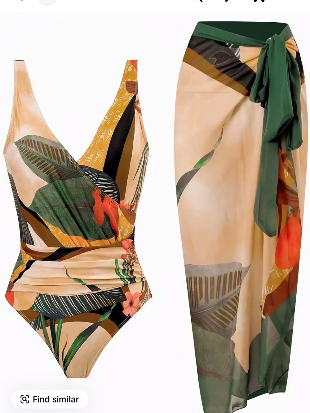 Girls Tropical Leaf One-Piece Swimsuit with Sarong - Beige & Green